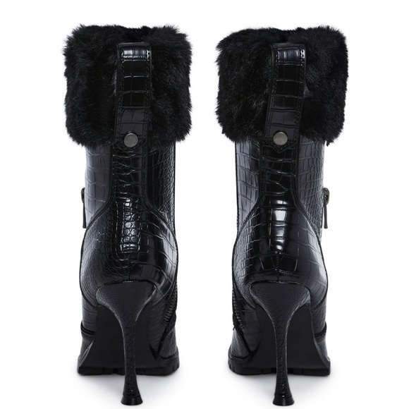 NIB Dolls Kill Current Mood Call The Shots Vegan Croc-Embossed Heeled Boots Blk - Picture 2 of 15
